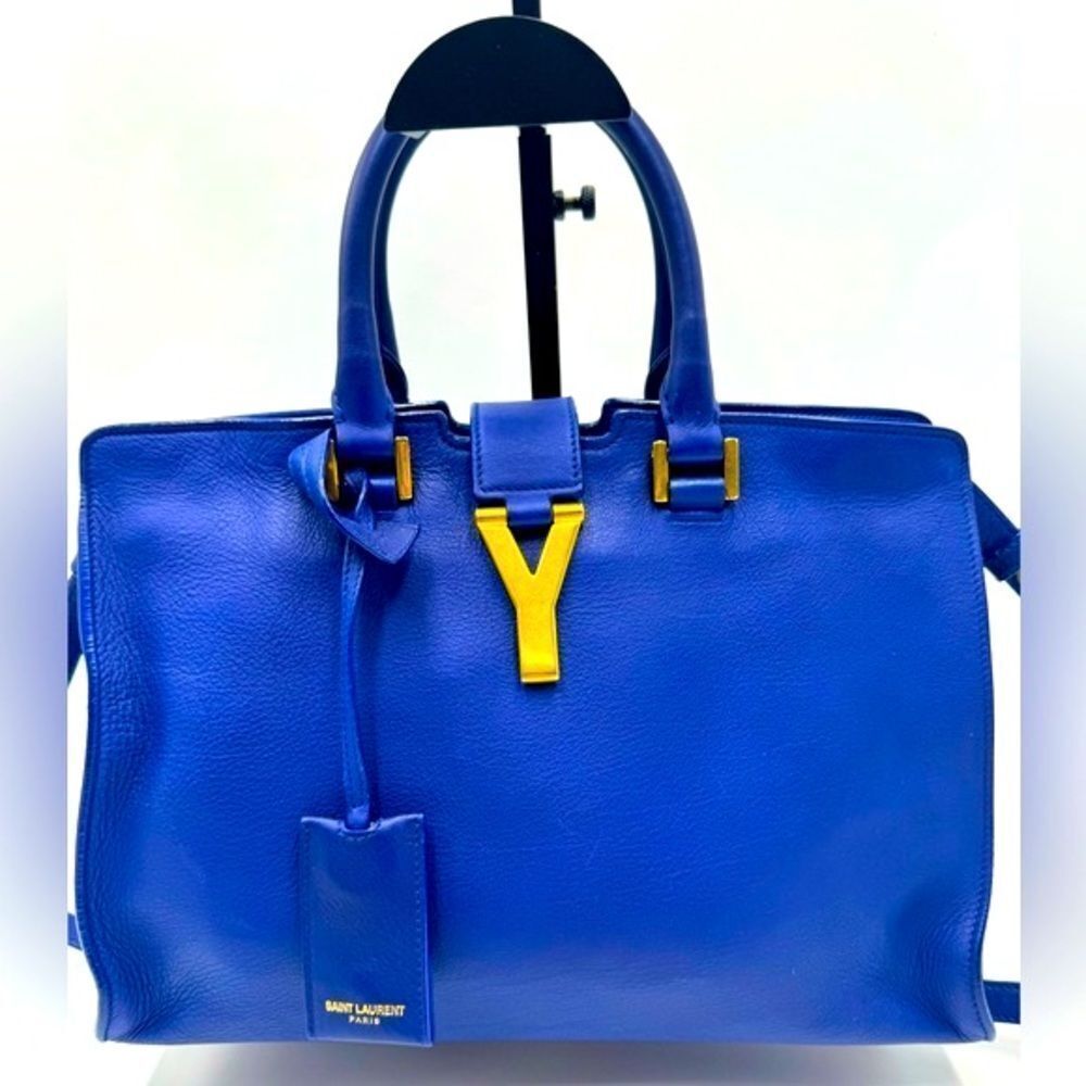Auth Saint Laurent Small Classic Ligne Y Blue Leather Paris Chyc Cabas Tote 2way - Picture 15 of 15